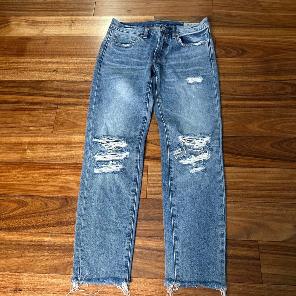 AllSaints Muse Distressed Straight Leg Jeans Blue W26 Raw Hem Medium Wash